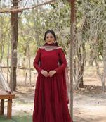 Maroon faux blooming embroidered sequin work gown with dupatta
