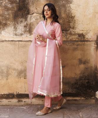 Pink uppada silk aari embroidered kurta set 4