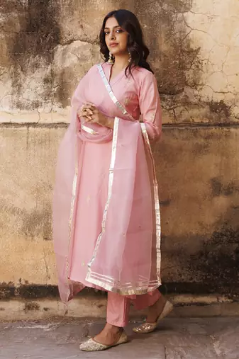 Pink uppada silk aari embroidered kurta set