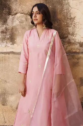 Pink uppada silk aari embroidered kurta set