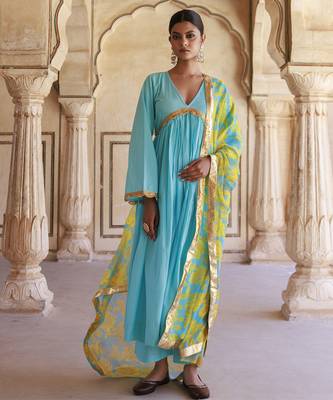 Blue cotton anarkali set with chiffon dupatta 1