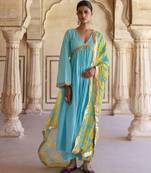 Blue cotton anarkali set with chiffon dupatta