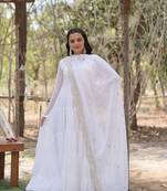 White faux blooming embroidered sequin work gown with dupatta
