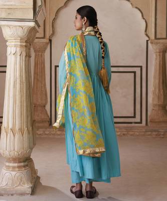 Blue cotton anarkali set with chiffon dupatta 2