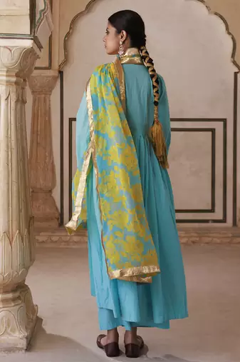 Blue cotton anarkali set with chiffon dupatta