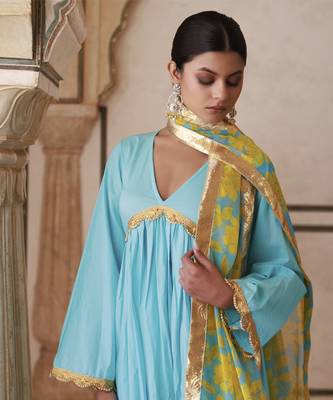 Blue cotton anarkali set with chiffon dupatta 3