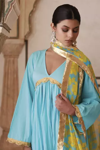 Blue cotton anarkali set with chiffon dupatta