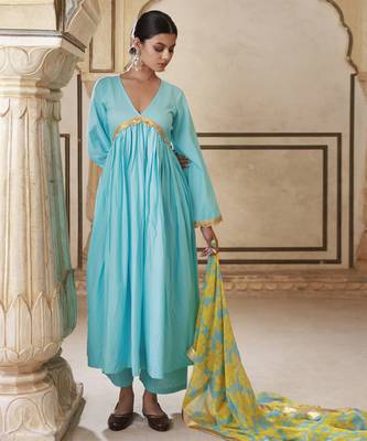 Blue cotton anarkali set with chiffon dupatta 4