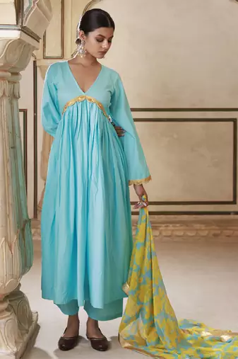 Blue cotton anarkali set with chiffon dupatta