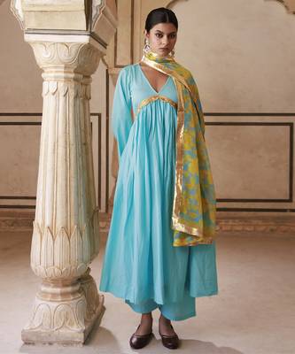 Blue cotton anarkali set with chiffon dupatta 5