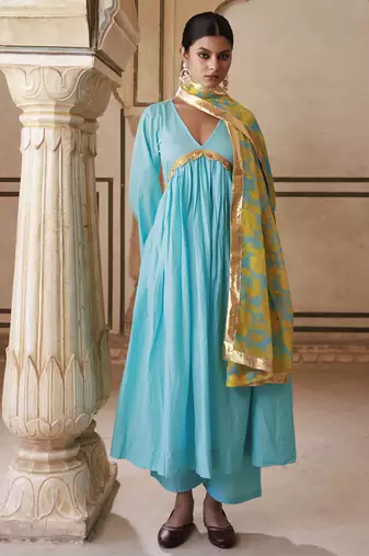 Blue cotton anarkali set with chiffon dupatta