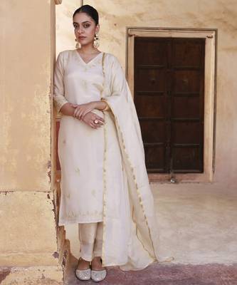 Ivory gold embroidered tissue kurta set 1