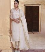 Ivory gold embroidered tissue kurta set