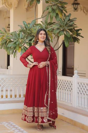 Maroon faux blooming with sequins embroidered multi-sequins work gown with dupatta