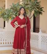 Maroon faux blooming with sequins embroidered multi-sequins work gown with dupatta