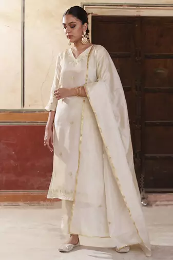 Ivory gold embroidered tissue kurta set