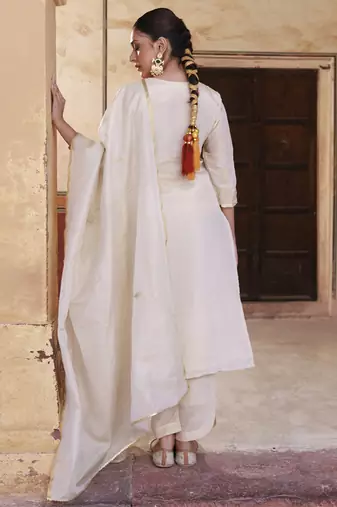 Ivory gold embroidered tissue kurta set