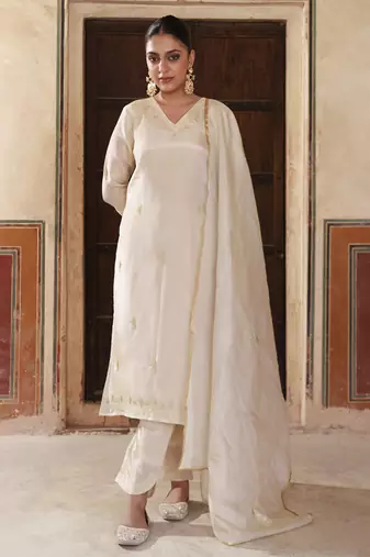 Ivory gold embroidered tissue kurta set