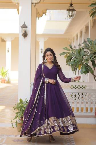 Purple faux blooming with sequins embroidered multi-sequins work gown with dupatta