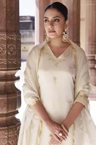 Ivory gold embroidered tissue kurta set