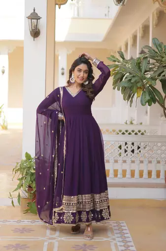 Purple faux blooming with sequins embroidered multi-sequins work gown with dupatta