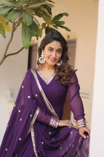 Purple faux blooming with sequins embroidered multi-sequins work gown with dupatta