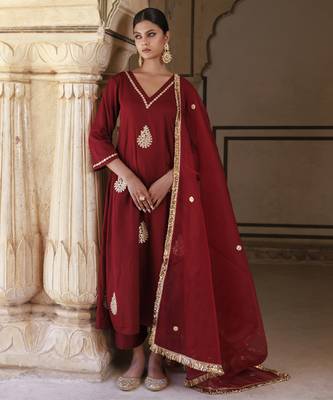 Maroon cotton silk gota patti work anarkali set 1