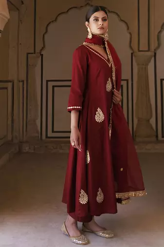 Maroon cotton silk gota patti work anarkali set