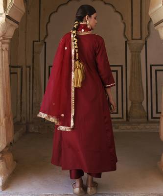 Maroon cotton silk gota patti work anarkali set 3