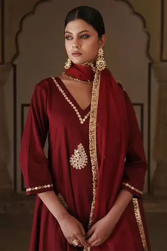Maroon cotton silk gota patti work anarkali set