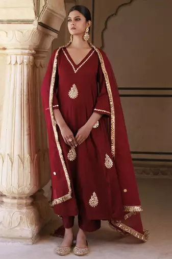 Maroon cotton silk gota patti work anarkali set