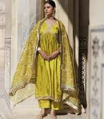 Olive yellow upadda silk kurta set with printed chanderi dupatta