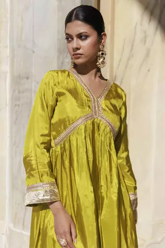 Olive yellow upadda silk kurta set with printed chanderi dupatta