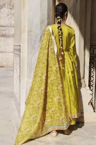 Olive yellow upadda silk kurta set with printed chanderi dupatta