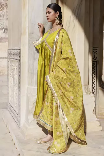 Olive yellow upadda silk kurta set with printed chanderi dupatta