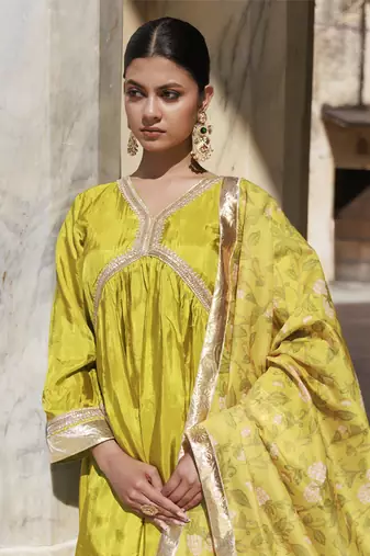 Olive yellow upadda silk kurta set with printed chanderi dupatta
