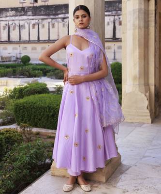 Lavender aari embroidered strapy cotton silk anarkali set 1