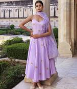 Lavender aari embroidered strapy cotton silk anarkali set