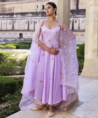 Lavender aari embroidered strapy cotton silk anarkali set 2