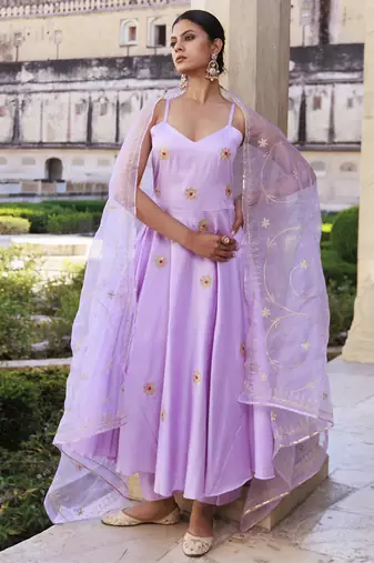 Lavender aari embroidered strapy cotton silk anarkali set