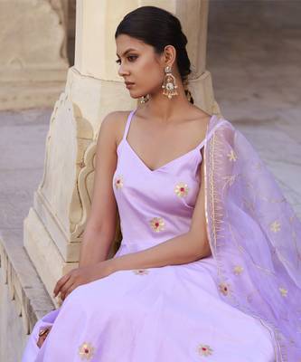 Lavender aari embroidered strapy cotton silk anarkali set 3