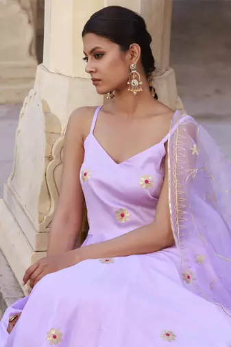 Lavender aari embroidered strapy cotton silk anarkali set