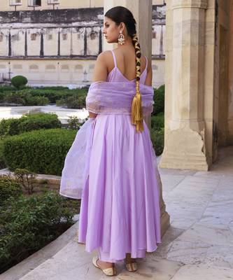 Lavender aari embroidered strapy cotton silk anarkali set 4