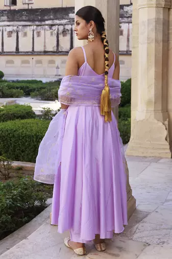 Lavender aari embroidered strapy cotton silk anarkali set