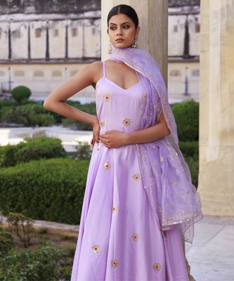 Lavender aari embroidered strapy cotton silk anarkali set 5
