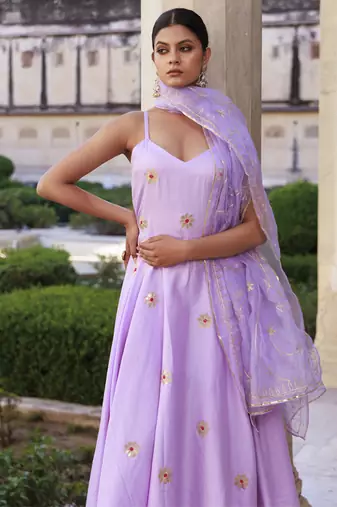 Lavender aari embroidered strapy cotton silk anarkali set