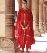 Red chanderi aari embroidered anarkali set