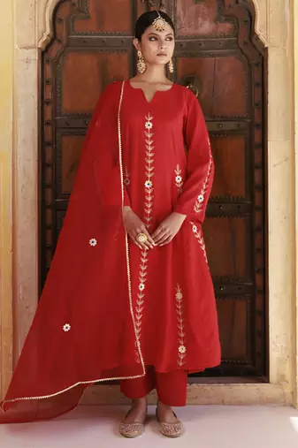 Red chanderi aari embroidered anarkali set