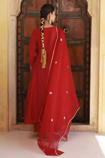 Red chanderi aari embroidered anarkali set