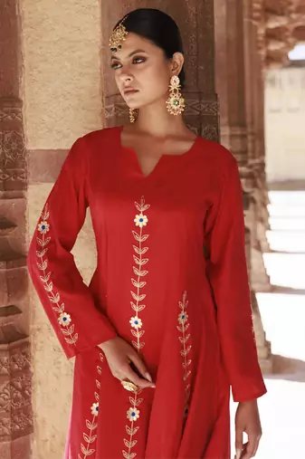 Red chanderi aari embroidered anarkali set